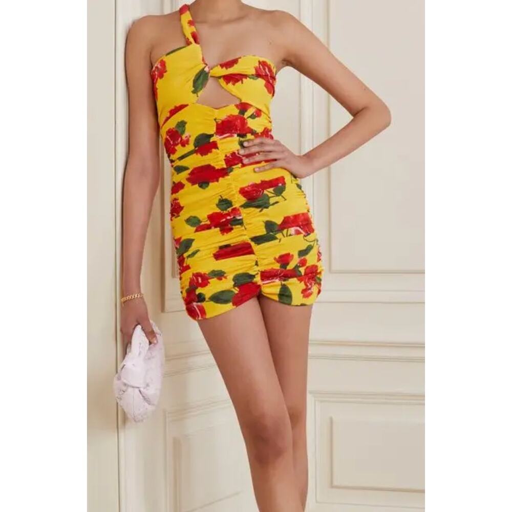 MAGDA BUTRYM  One-Shoulder Ruched Floral-Print Stretch-Silk Mini Dress EU 38